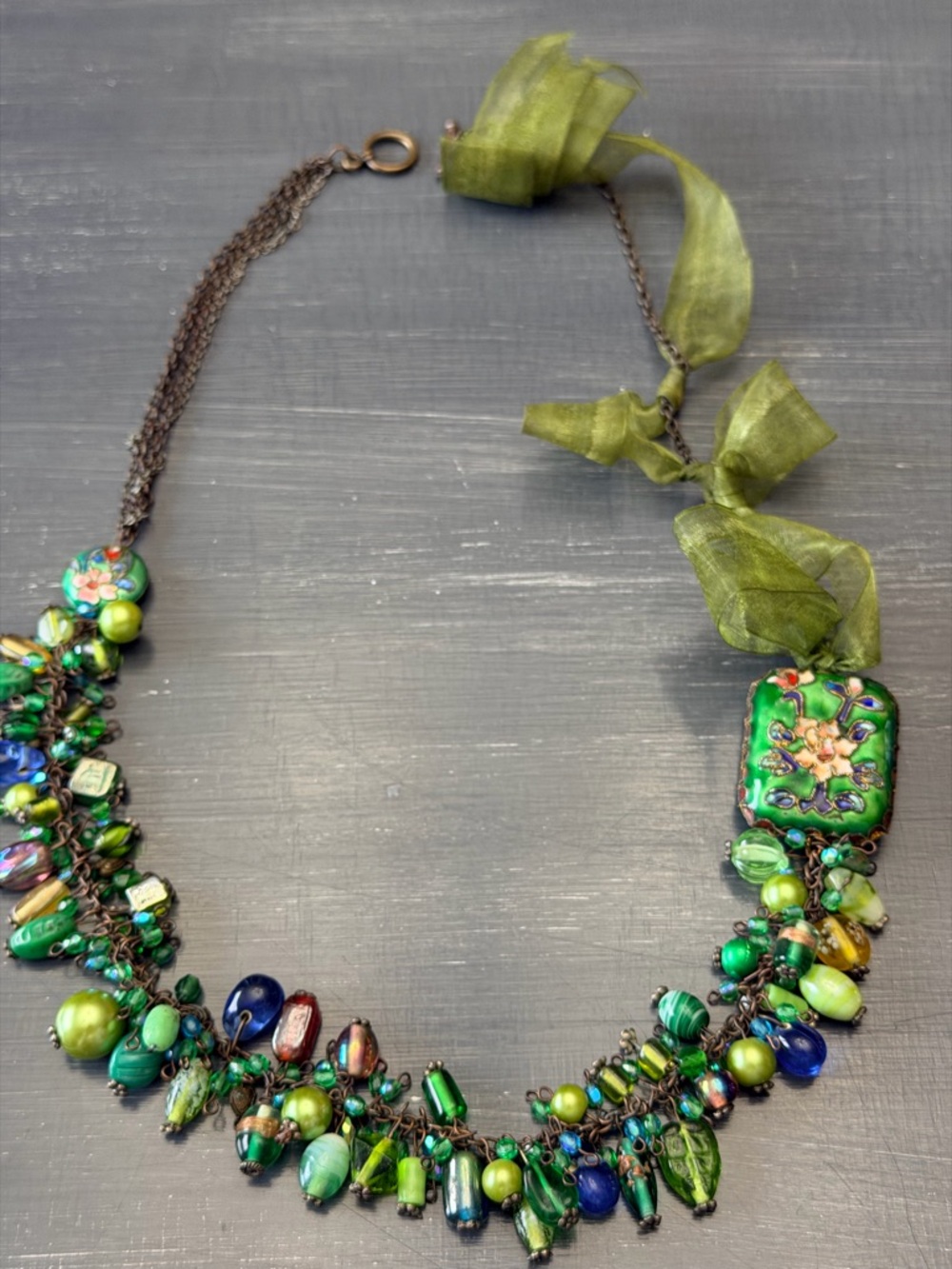 Handcrafted Green Bead Statement Necklace with Floral Pendant